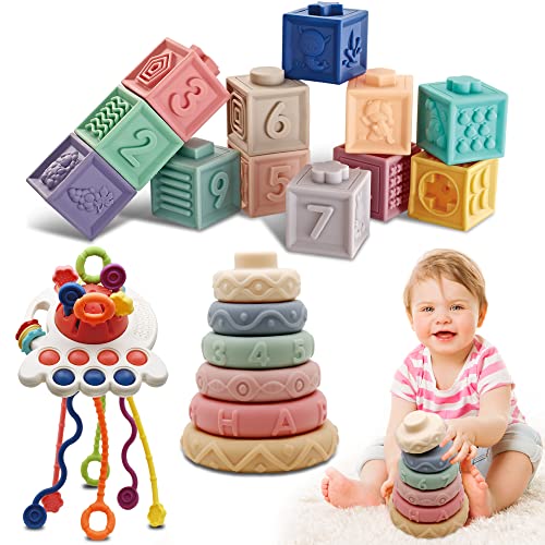 Image of EOOLEOW 3 in 1 Baby Set: Building Blocks, Sensory and Teething Toys, Pull String Toddler Toy - 19PCS Bath Toys for Infants 6-12 Months