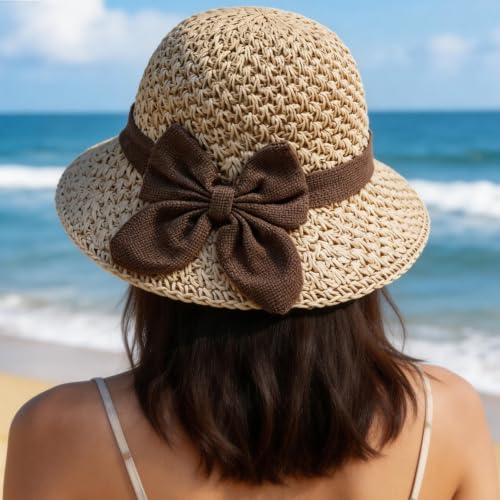 Sombrero de paja tejido a mano con moño para mujer miniatura 5