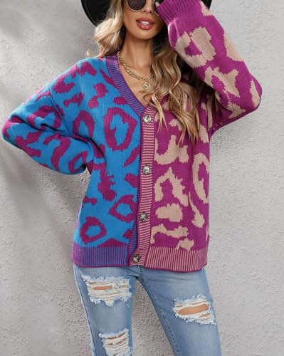 Image of TERIVEEK Leopard Cardigan for Women Oversized Color Block Checkered Sweater Button Front Long Sleeve Casual Knit Outwear