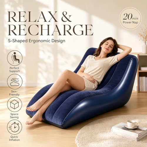 Sofá de aire hinchable azul con superficie flocada portátil para exterior y camping 8