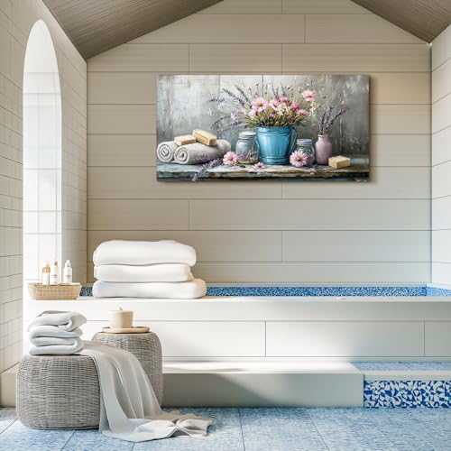SERIMINO Still Life Flower Wall Art, Vintage Bathroom Large Wall Decor, Rustic Aesthetic Kitchen Pictures, Cottagecore Decorations for Bedroom Dining Room Laundry Room Canvas Art Prints 24"X48"