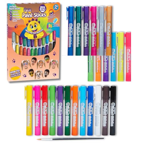 Little Brian Face Paint Sticks For Kids - 24 Pack Assorted Face Paint Colours - Mess-Free, Easy Clean Up, Fast Drying Action, Vibrant Colours, Multi-Surface, Twist & Paint
