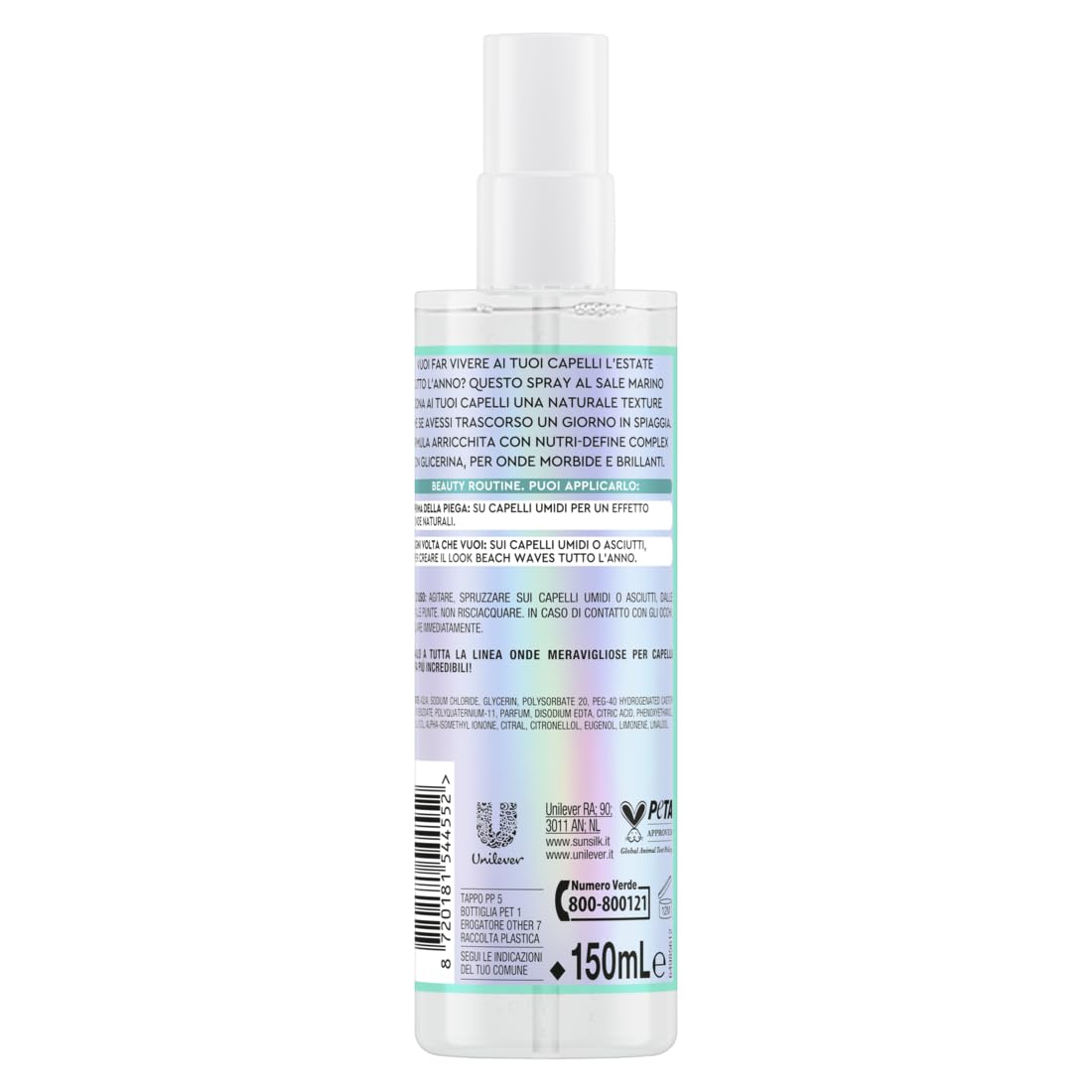 Sunsilk, Spray Onde Meravigliose, Spray al Sale Marino per Capelli Mossi, con Glicerina Idratante, Styling per un Effetto Beach Waves, Rimozione del Crespo e Texture Naturale, 6 Pezzi da 150ml