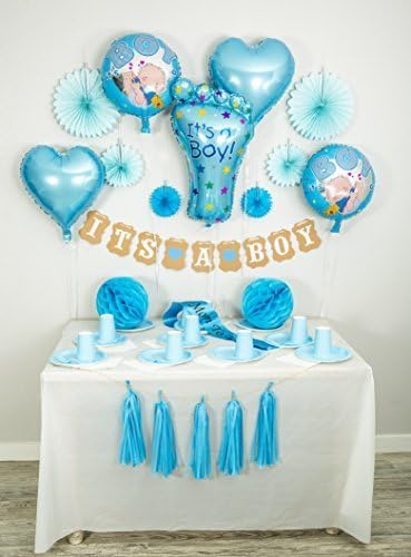 Baby Shower Decorations for Boy: It's a Boy Banner, FREE Mom to be Sash, FREE Foil Balloons, Tissue Paper Fans, Tassels, Blue, Honeycomb Balls, 20 pcs., Party Supplies, Indoor/Outdoor, Set