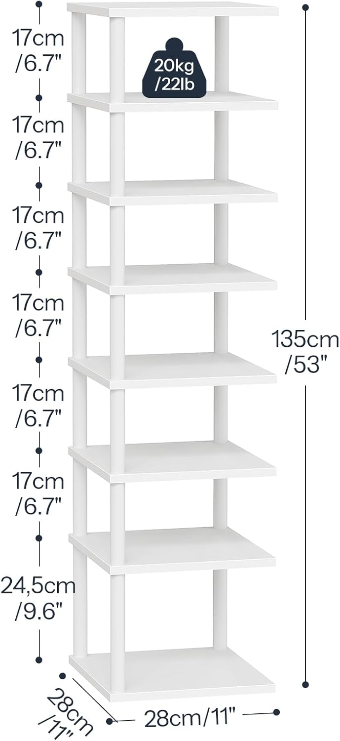 HOOBRO Vertical Shoe Rack, 8-Tier Narrow Shoe Shelf, Shoe Storage Organizer for Small Space, 11" L x 11" W x 53" H, Closet, Entryway, Hallway, Bedroom, White WW22XJ01
