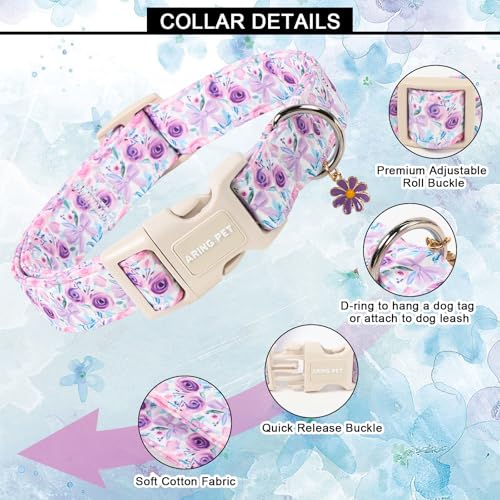 Image of ARING PET Girl Dog Collar for Puppy Small Medium Large Dogs-Purple Rose S | Cute Spring Summer Floral Pet Collars for XS S M L XL Girl Female Dogs, Soft Comfy Sturdy, Neighborhood Stroll Everyday Wear
