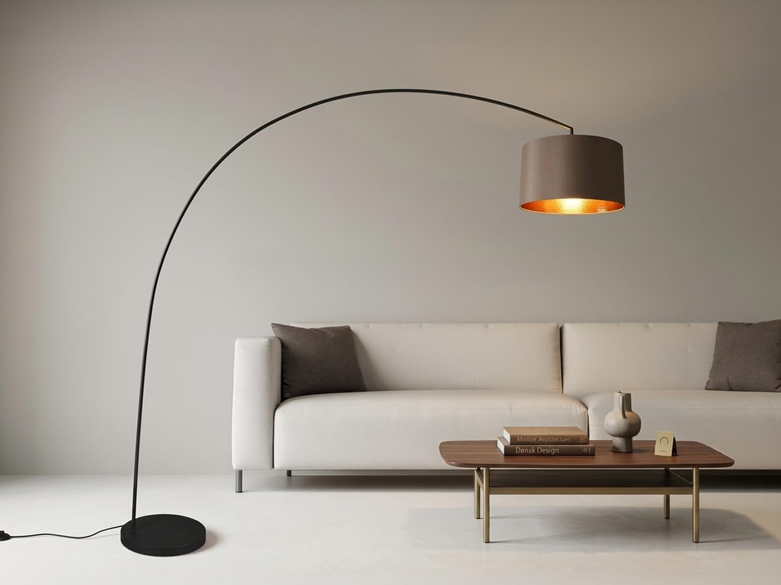meineWunschleuchte Bogenleuchte Metall Schwarz Stoff Lampenschirm Taupe, 210cm hoch