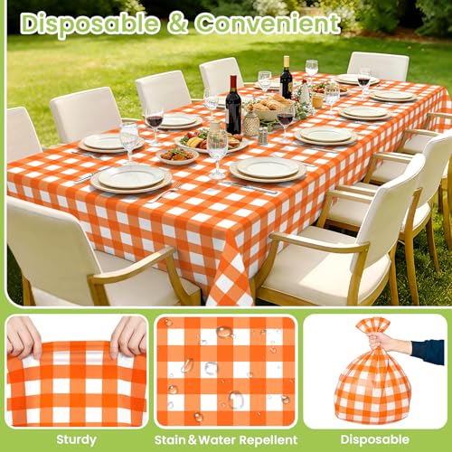 Image of Mulbozy Orange Gingham Tablecloth 4 Pack, 54 x 108 Inch Plastic Table Cloth Disposable, Orange and White Checkered Table Cover for Party Supplies
