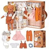 Golray Portable Dress Up Plush Doll Set with Storage Case, Cat & Dog Stuffed Animal Toys, Doll Clothes with Wooden Hangers & Suitcase Wardrobe Travel-Ready Toy Organizer, Gifts for Girls Ages 3+
