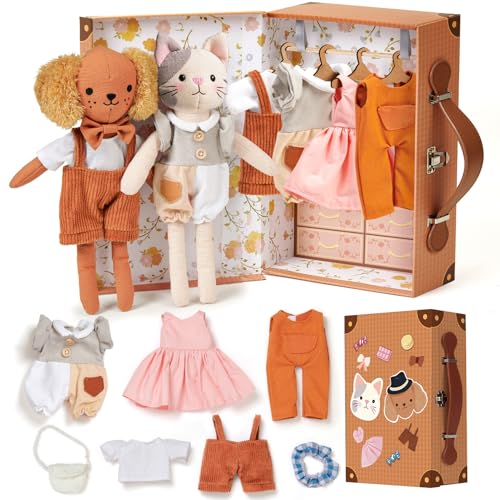 Golray Portable Dress Up Plush Doll Set with Storage Case, Cat & Dog Stuffed Animal Toys, Doll Clothes with Wooden Hangers & Suitcase Wardrobe Travel-Ready Toy Organizer, Gifts for Girls Ages 3+