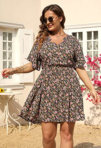 Nemidor Womens Plus Size Floral Print Boho Casual Layered Swing Skater Dress with Pocket NEM2993