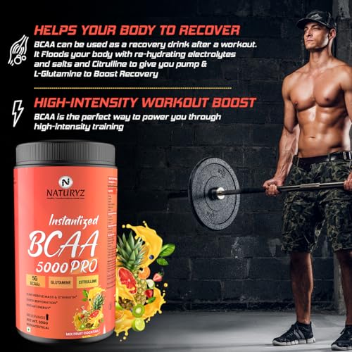 Image of NATURYZ Instantized BCAA 5000 PRO |5G Vegan BCAAs | Glutamine | Citrulline | Electrolytes | 0 Added Sugar | Powerful Intra Workout Amino for Lean Muscle Growth, Strength, Quick Re-Hydration & Instant Energy - 300g(Mix Fruit Cocktail)
