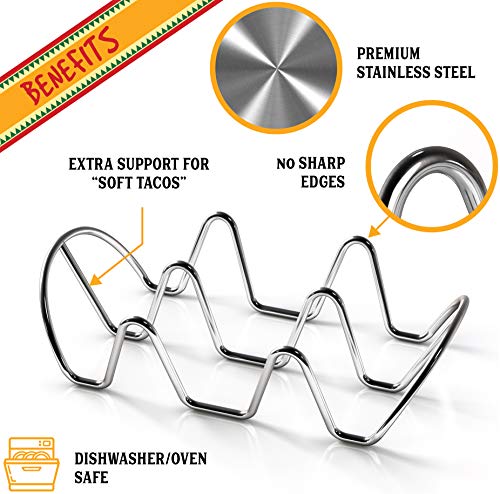 Premium Taco Holders - 4 Pack Stainless Steel Taco Stands - Holds 12 Tacos - Fits Most Plates & Air Fryers - Dishwasher & Oven Safe - Stackable Trays - Racks Hold Soft & Hard Shell Tacos #TOP1