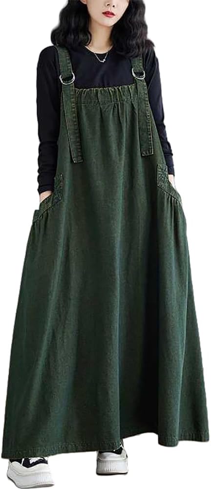 Boho Jumper Dress for Women Loose Overall Pinafore Dresses Adjustable Straps Wide Hemline with Pockets Baggy Style