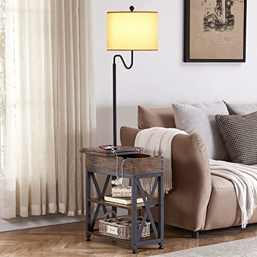 Image of Dungoo Rustic Floor Lamp with Table Storage End Table with Charging Station