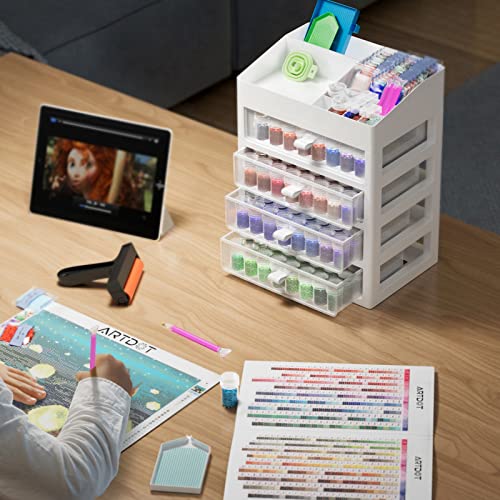 Artdot Storage Containers For Diamond Painting Accessories, Art Bead Organizer 4 Drawers With 192 Slots Storage Bottles And Diamond Painting Tools And Kits Rack With Funnel #TOP6