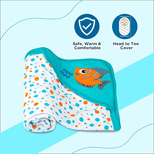 Image of Mee Mee 100% Soft Cotton Hooded Baby Wrapper Cum Warmer, Blanket with Hood for New Born Baby 0 to 6 Months (with Hood Blue)