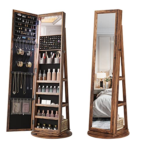 Lvifur 360° Rotating Full Length Mirror Jewelry Armoire, 63” Large Capacity Jewelry Organizer, Lockable Jewelry Mirror Cabinet with Rear Storage Shelves (Grey)