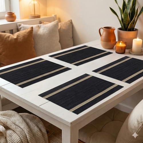Image of YELONA Placemats Set of 4, Heat-Resistant Woven Vinyl Table Mats, Non-Slip & Washable Dining Tablemats for Kitchen & Dinner Decor, Black & Beige (45cm x 30cm)