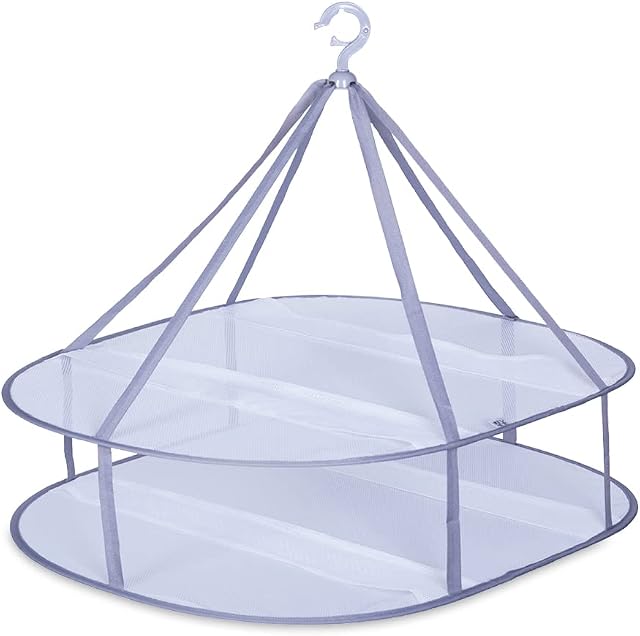 Folding Mesh Clothes Drying Rack, SNOMEL Windproof Sweater Cloth Dryer with Fixing Band, Collapsible Hanging Laundry Rack for Sweater, Feather Jacket, Socks, Outdoor, Indoor, Potable (1, 2 Tier)