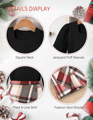 Image of AGAPENG Girl Skirt Sets 3 Piece Outfits Square Neck Jacquard Puff Sleeve Tops Plaid Mini Skirt Shorts Fall Winter Clothes