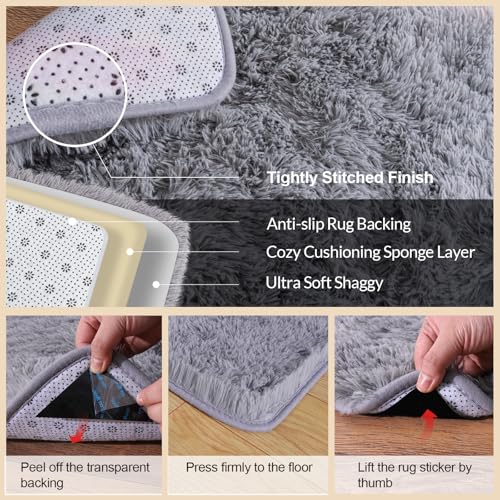 5x7 Rugs for Living Room, Large Fluffy Area Rugs for Bedroom, Soft Carpet Shag Kids Rug with 4 Non-Slip Rug Pads (Light Grey, 5ft x 7ft)