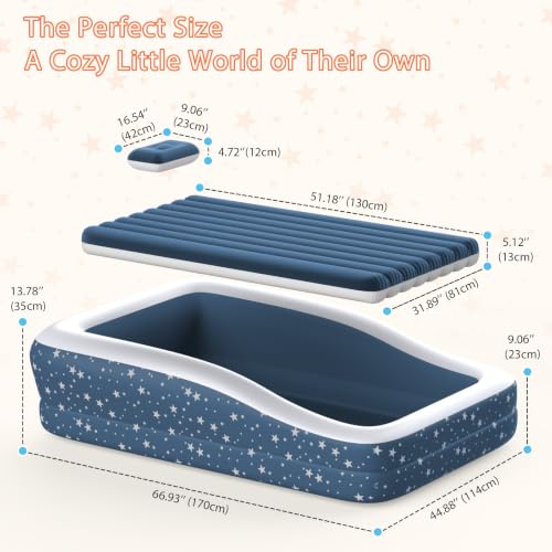 Image of Inflatable Toddler Bed for Travel Safety Guard Rails 300lb Capacity Blue | 360 Safety Rails prevent rolling. 20s fast inflation. Puncture-resistant PVC. Skin-friendly flocking. Ideal for travel