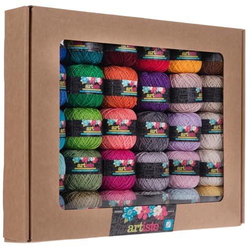 Artiste Crochet Cotton Thread, 100% Mercerized Egyptian Cotton, 60 Yards, 30 Spools, Multi-Color, Matte Finish, Machine Washable