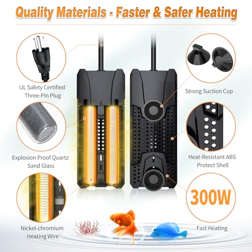 Image of Aquarium Heater 300W /500W /800W /1000W for 20-300 Gal, Fish Tank Heater with Intelligent Leaving Water Automatica Stop Heating and Overheating Protection, for Freshwater & Saltwater