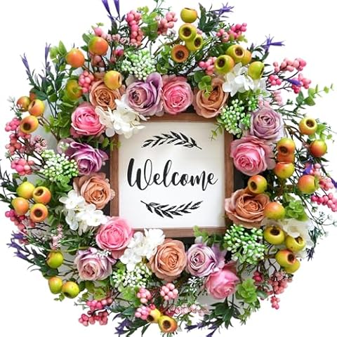 Bibelot Spring Summer Wreath for Front Door, 18 inch Artificial Berries and Colorful Flower Wreath with Welcome Sign, Spring/Summer Greenery Wreath for Front Door Wall Window Festival Decor Cover