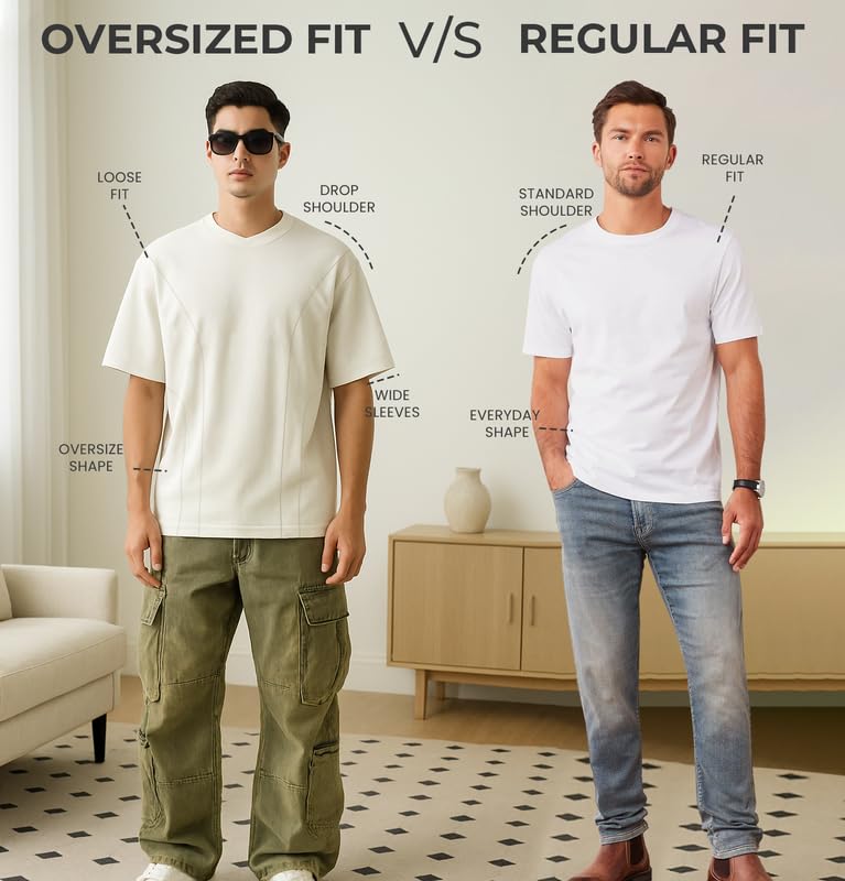 Image of Sleepynuts Men 220 GSM 100% Pure Cotton Oversized Baggy Fit Drop Shoulder Round Neck T-Shirt Pack of 2 (Vintage Pink, Off White-M)
