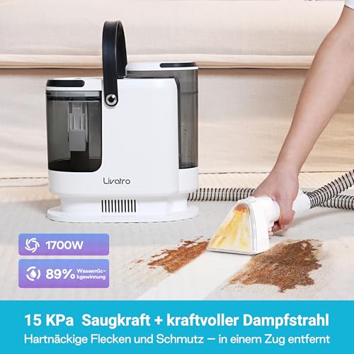 Livatro Polsterreiniger Gerät Nasssauger Waschsauger, 15 KPa Nasssauger Polsterreiniger, 1,6 L Wassertank, Kompakter Dampfreiniger Polstermöbel, Selbstreinigung, für Teppiche, Sofa, Vorhänge, Auto