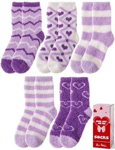 Sandsuced Womens Fuzzy Fluffy Socks Warm Cozy Winter Slipper Thick Crew Fleece Comfy Sleep Plush Heart Socks 5 Pairs Christmas Stocking Stuffers (Purple Heart Stripe,M)