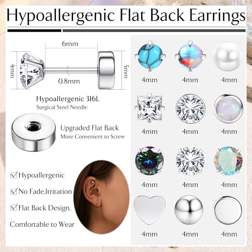 LOLIAS Hypoallergenic Surgical Steel Earrings for Sensitive Ears - Flat Back Stud Earrings 20G Cartilage Earrings Opal CZ Pearl Small Sleep Nap Earring4
