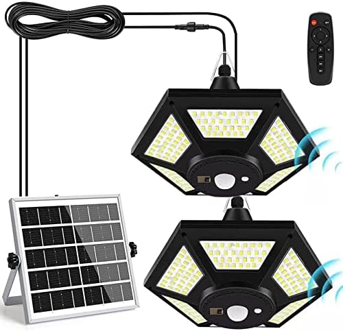 Lovelylly Solar Shed Light Indoor Outdoor, 180 LED Solar Pendant Light 5 Lighting Modes Solar Motion Sensor Light with Remote & 3 Timers IP65 Waterproof Solar Panel Light for Shop,Garage,Barn,Gazebo
