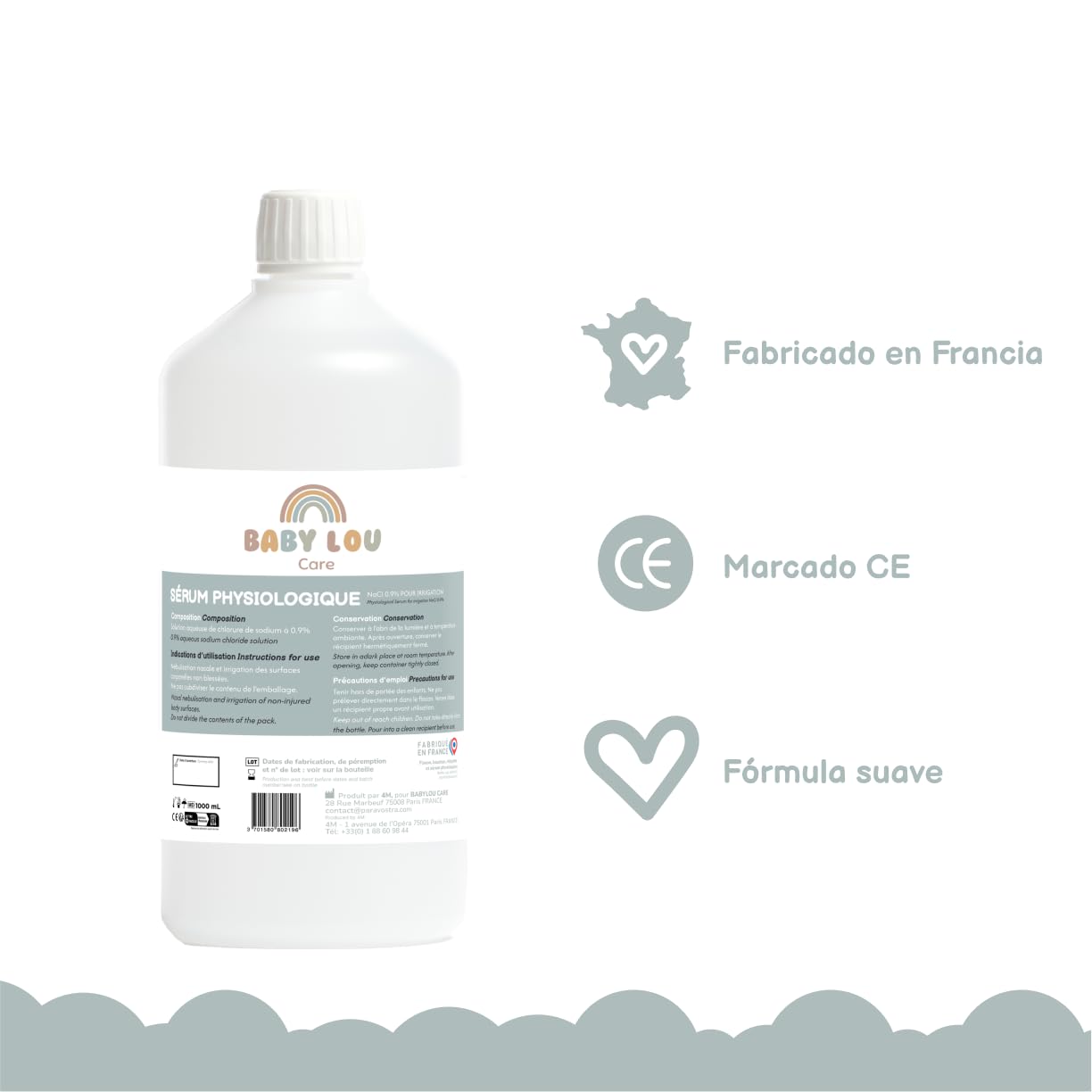 Suero Fisiológico botella 2x1L | NaCl 0,9% | Fabricado en Francia | Lavado de las fosas nasales | Higiene nasal | Para irrigación externa