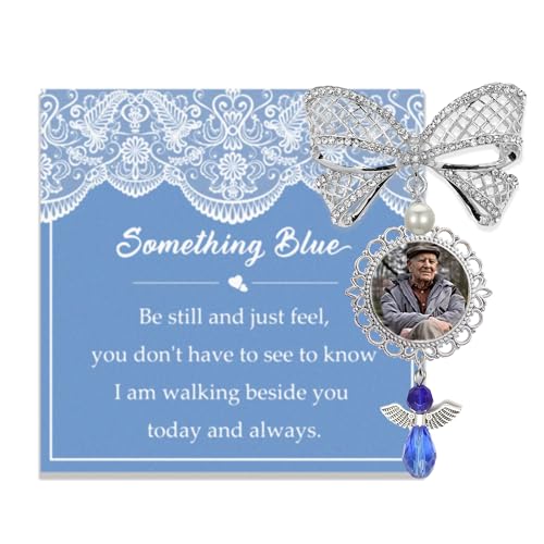 Something Blue Bridal Bouquet Charm Wedding Memorial Bride Shower Gift Wedding Bouquet Memorial for Mother Father DIY Photo Keepsake with Angel Bow Photo Locket
