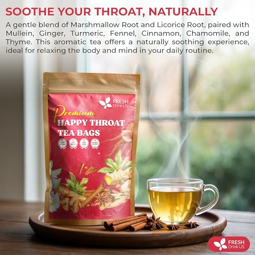 Image of Premium Happy Throat Herbal Tea - 75 Bags Of Supper Tea Blend: Marshmallow Root, Slippery Elm & Ginger - Dry & Sore Throat Relief - Caffeine-Free, No Honey, No Citrus - No Sugar