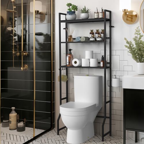 YBING Over The Toilet Rack 3 Tier Bathroom Shelf Over Toilet Storage Organizer Freestanding Above Toilet Storage Rack with Metal Frame and Hook Bathroom Stand and Space Saver Shelf,Black by YBING - Image 4