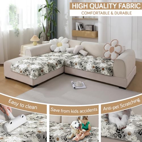 Image of HOKIPO 'Elira Series' Printed Water Repellent + Waterproof Quick Dry L Shape (2+2 Seater) Sofa Seat Cover Mat, Feather Brown Floral (AR-5245-C1 + AR-5246-C1)
