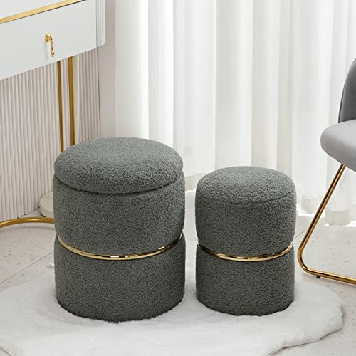 Furniliving Faux Fur Round Storage Ottoman, Set Of 2, Upholstered Ottoman Wool Curl Footrest Stool Side Table Seat Make Up Stool With Gold Stainless Steel Hoop For Living Room, Bedroom (Grey) #TOP1