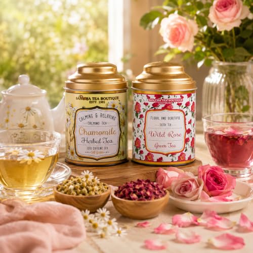 Image of Sancha Tea Boutique, Combo Pack: Chamomile Herbal (50g), Caffeine Free Herbal Tisane & Wild Rose Green Tea (100g), Real Rose Flower & Chamomile Flower Blend