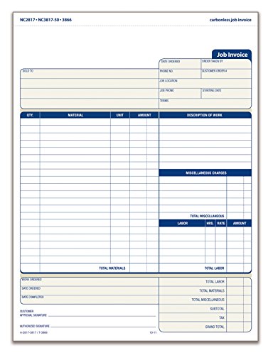 adams job invoice forms 2-part carbonless for service and repair billing 100 individual sets per pack nc2817 white 8-12 x 11inches