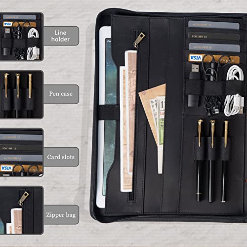 Calfinder Genuine Leather Portfolio Binder Organizer, Crazy Horse Leather Padfolio With Pocket Fits Up To 13.3" Laptop, With Us Letter Size/A4 Clipboard, Black #TOP1
