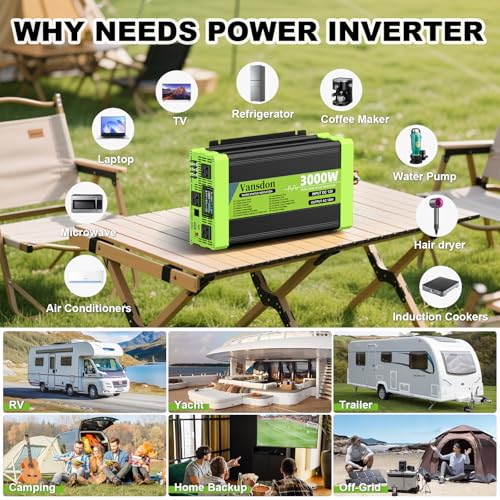 Vansdon 3000W Pure Sine Wave Inverter 12V DC to 120V AC Power Inverters for RV,Truck, Solar, Home, Off-Grid, Car with LCD Display, 3 AC Outlet, 30W USB-C, 5V 2.1A USB,Remote Control, Surge 6000W - Image 2