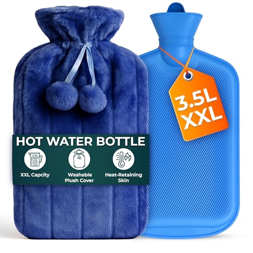 XXX-Large Hot Water Bottle with Cover - 3.5L Blue Hot Water Bag for Pain Relief - 118Fl Oz Extra Large Washable Soft Faux Fur, Big Hot Water Pack for Sore Muscles, Period Cramps, Hot and Cold Compress