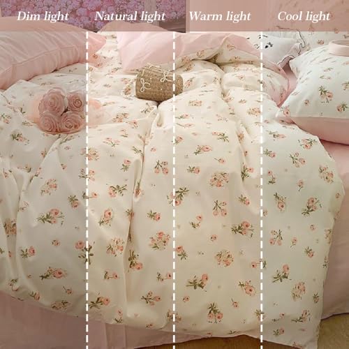 Image of Floral Duvet Cover Set King Size,Pink Floral Flowers Bedding Duvet Cover King with Zipper Closure,Reversible Comforter Duvet Cover and 2 Pillowcases
