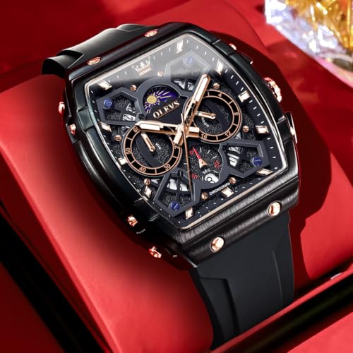 OLEVS Black Watches for Men Luxury Tonneau Square Skeleton Dress Mens Watch