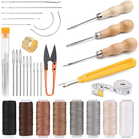 32 Pcs Leather Sewing Upholstery Repair Kit, Leather Sewing Kit with 8 Colors Sewing Thread, Leather Sewing Needles, Awl, Scissors, Thimble, and Tape Measure for Leather Sewing Repair Bookbinding Cover