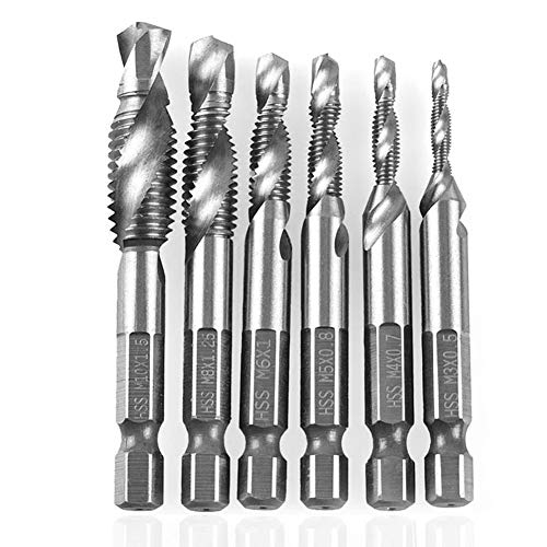 ZJchao Macho de Roscar con Vástago Hexagonal, Acero de Alta Velocidad con Punto Autocentrante, para Taladrar, Roscar, Cortar Metales Blandos, Aluminio, Hierro, (Macho compuesto métrico 4341 de 6